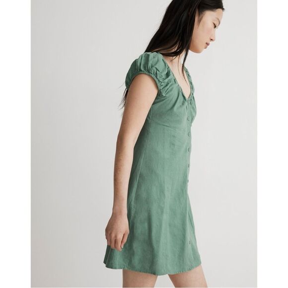 NWT Madewell Linen Margie Cap Sleeve Button Down Mini Dress in Green - Picture 2 of 10